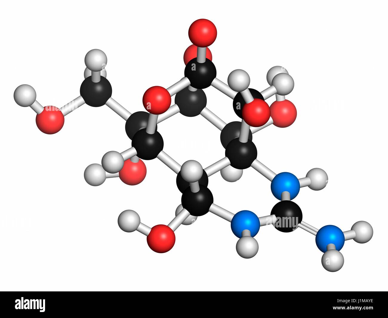 Tetrodotoxin (TTX) pufferfish neurotoxin molecule. Atoms are represented as spheres with conventional colour coding: hydrogen (white), carbon (grey), oxygen (red), nitrogen (blue). Stock Photo