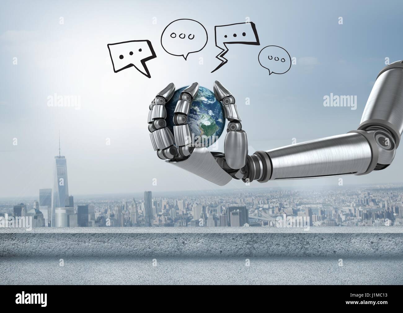 Digital composite of Android hand holding planet earth with chat bubble ...