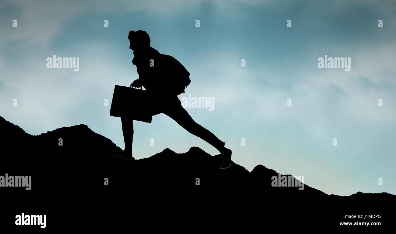 Digital composite of Silhouette business person walking on mountain against sky Stock Photo