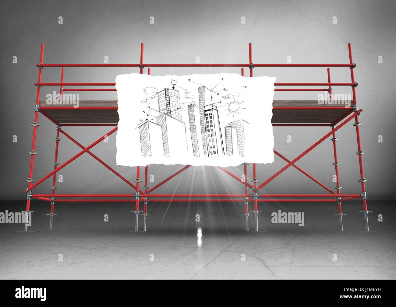Digital composite of Paper with building doodle against scaffolding in ...