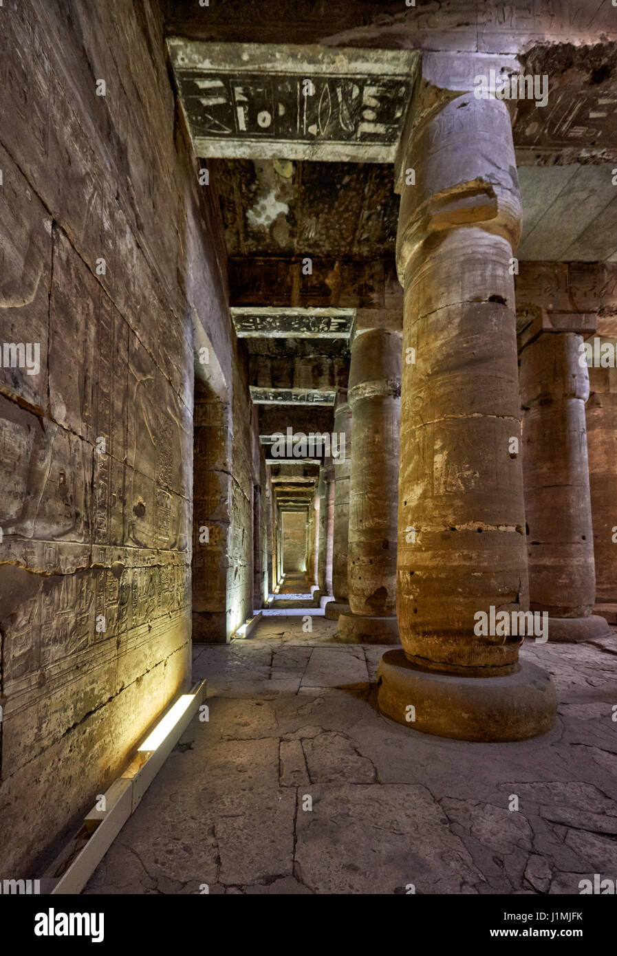 Second Hypostyle Hall with papyrus cluster columns inside Temple of Seti I , Abydos, Egypt, Africa Stock Photo