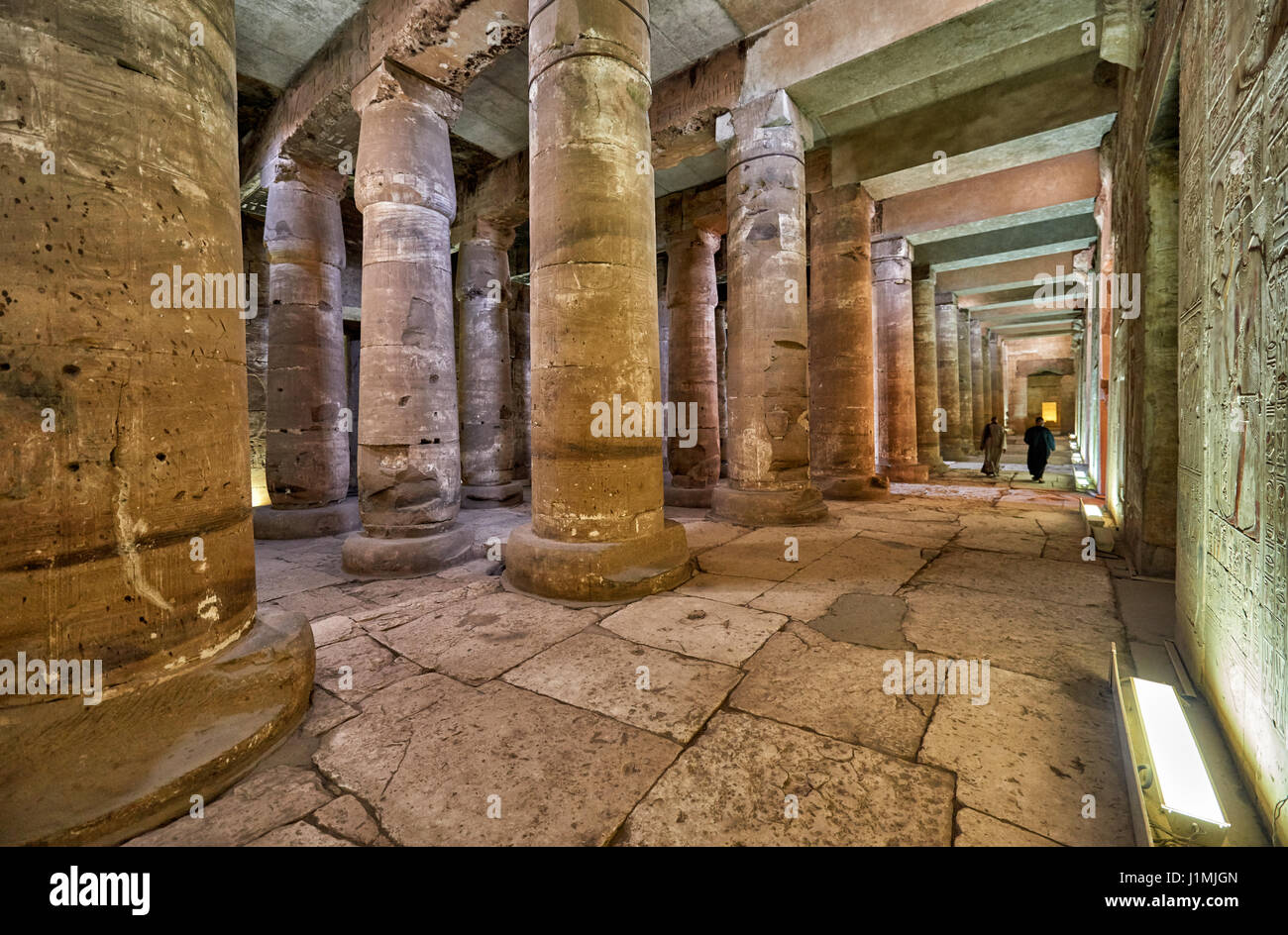 Second Hypostyle Hall with papyrus cluster columns inside Temple of Seti I , Abydos, Egypt, Africa Stock Photo
