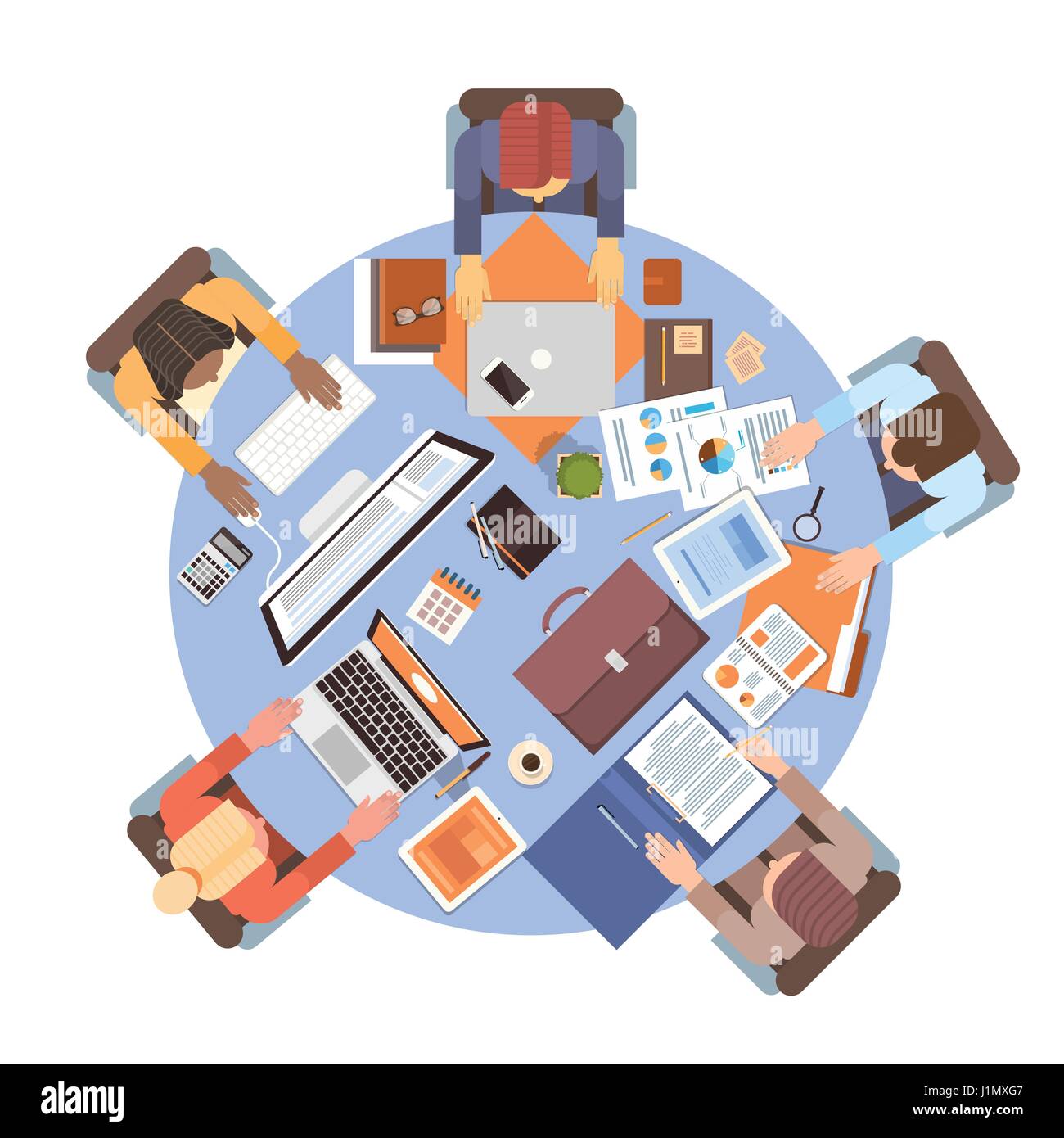 People Using Computers Businesspeople Workplace Desk Top Angle View Teamwork Stock Vector