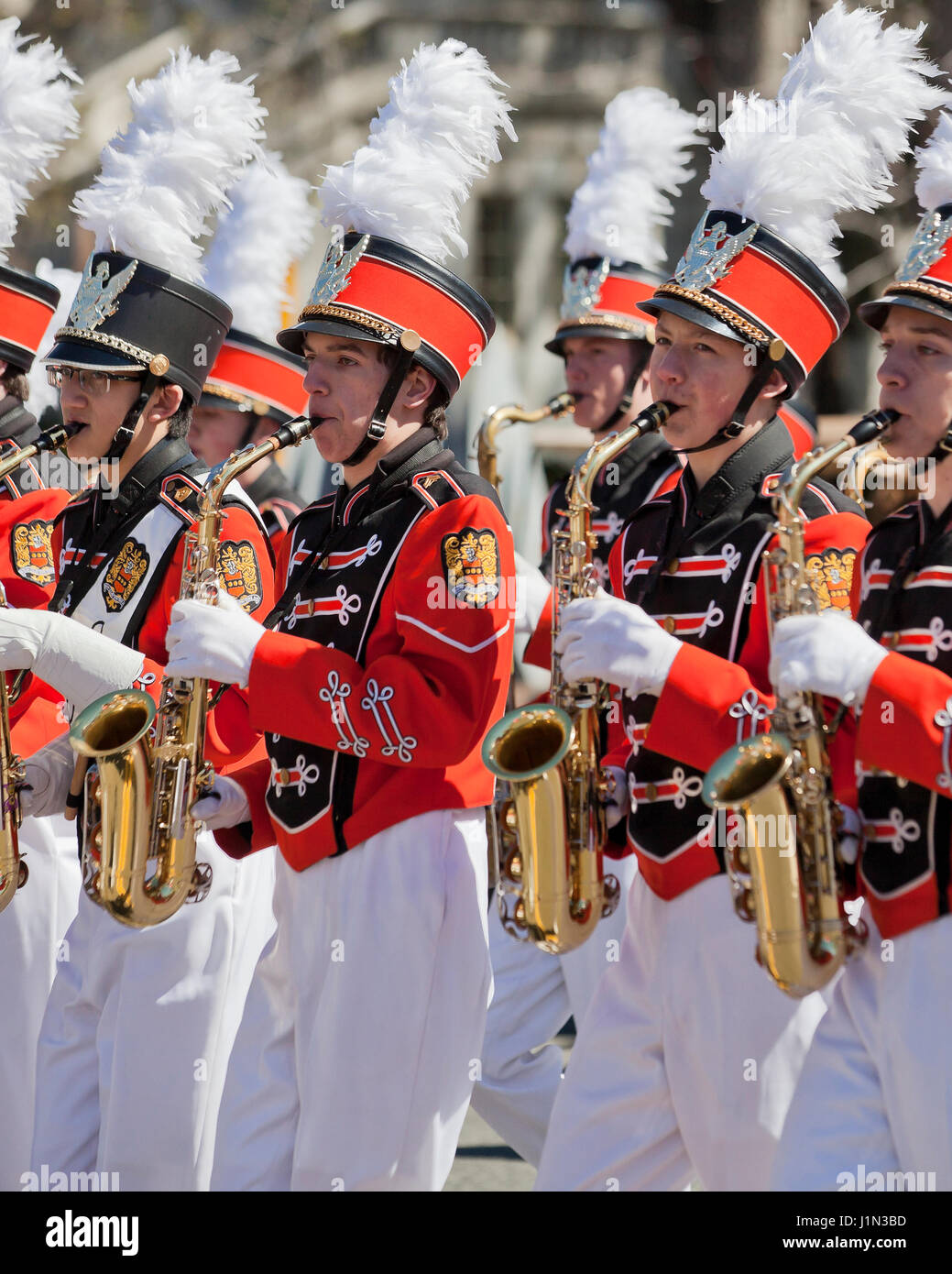 High school marching band saxophone section (sax players) - USA Stock Photo