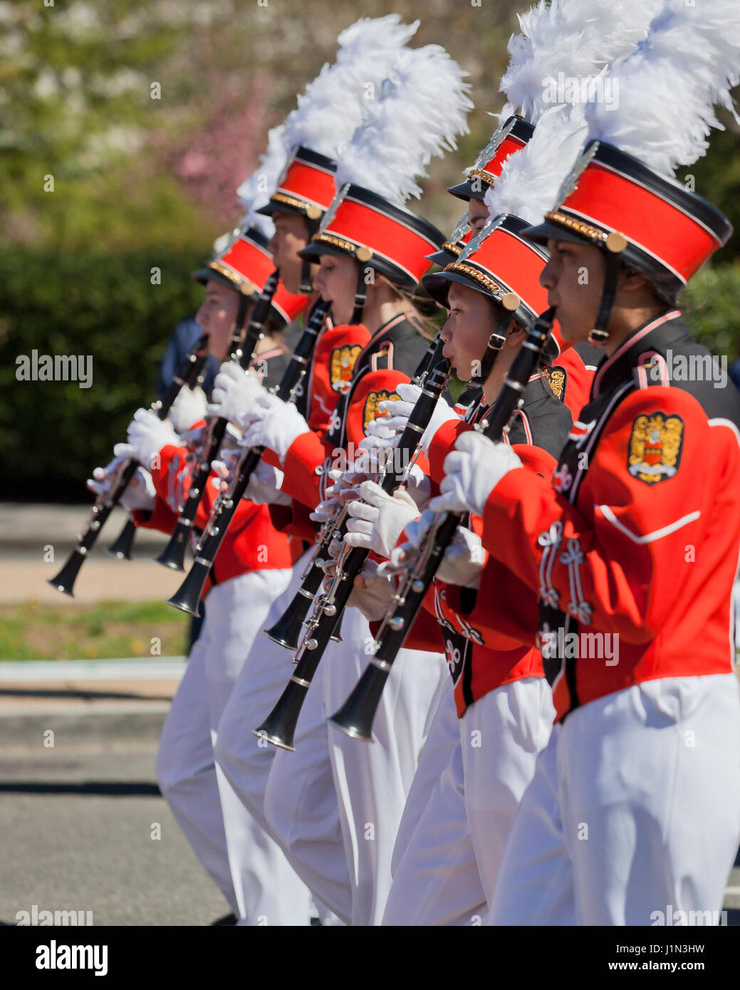High school marching band clarinet players in parade - USA Stock Photo