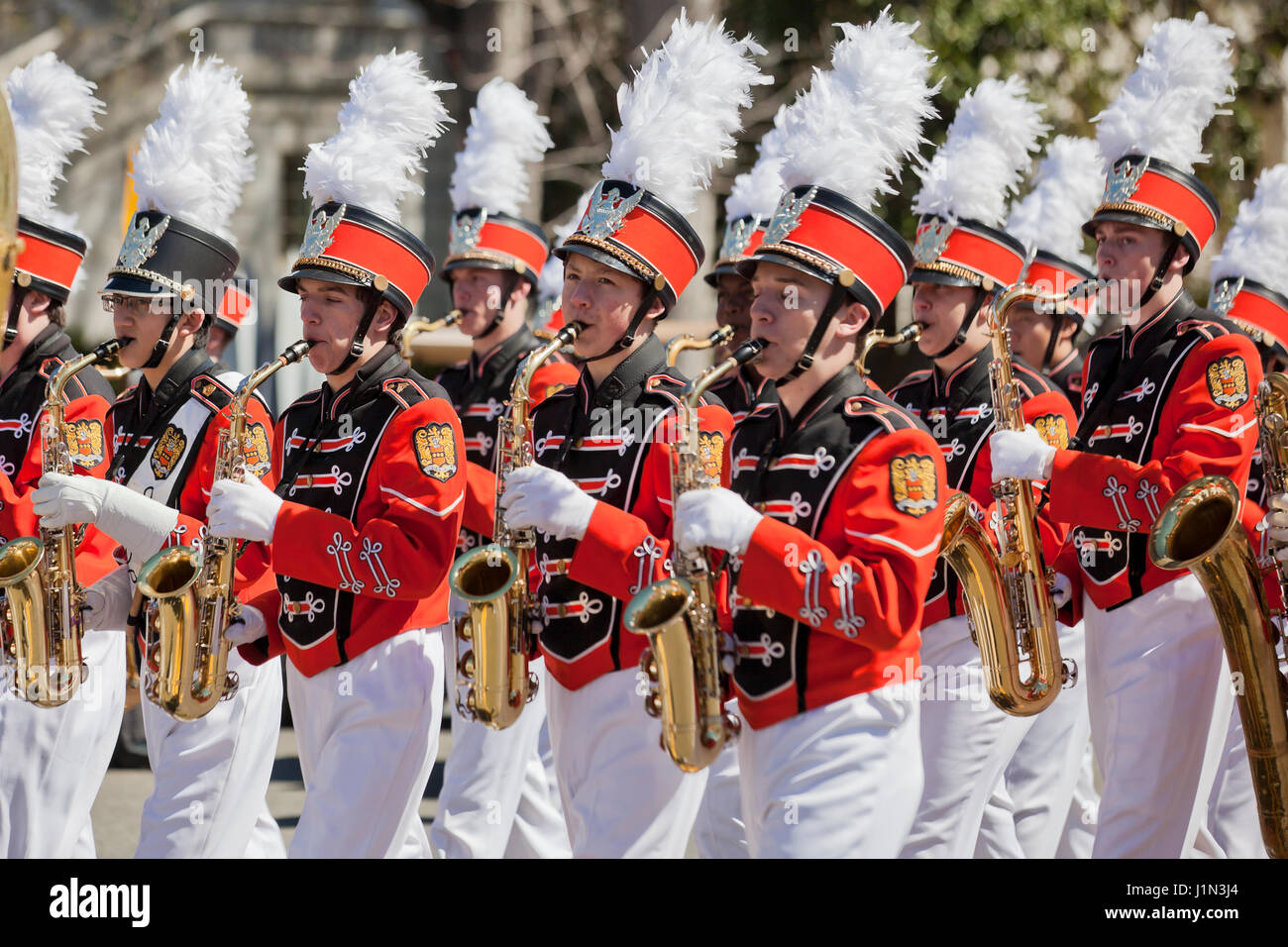 High school marching band saxophone section (sax players) - USA Stock Photo