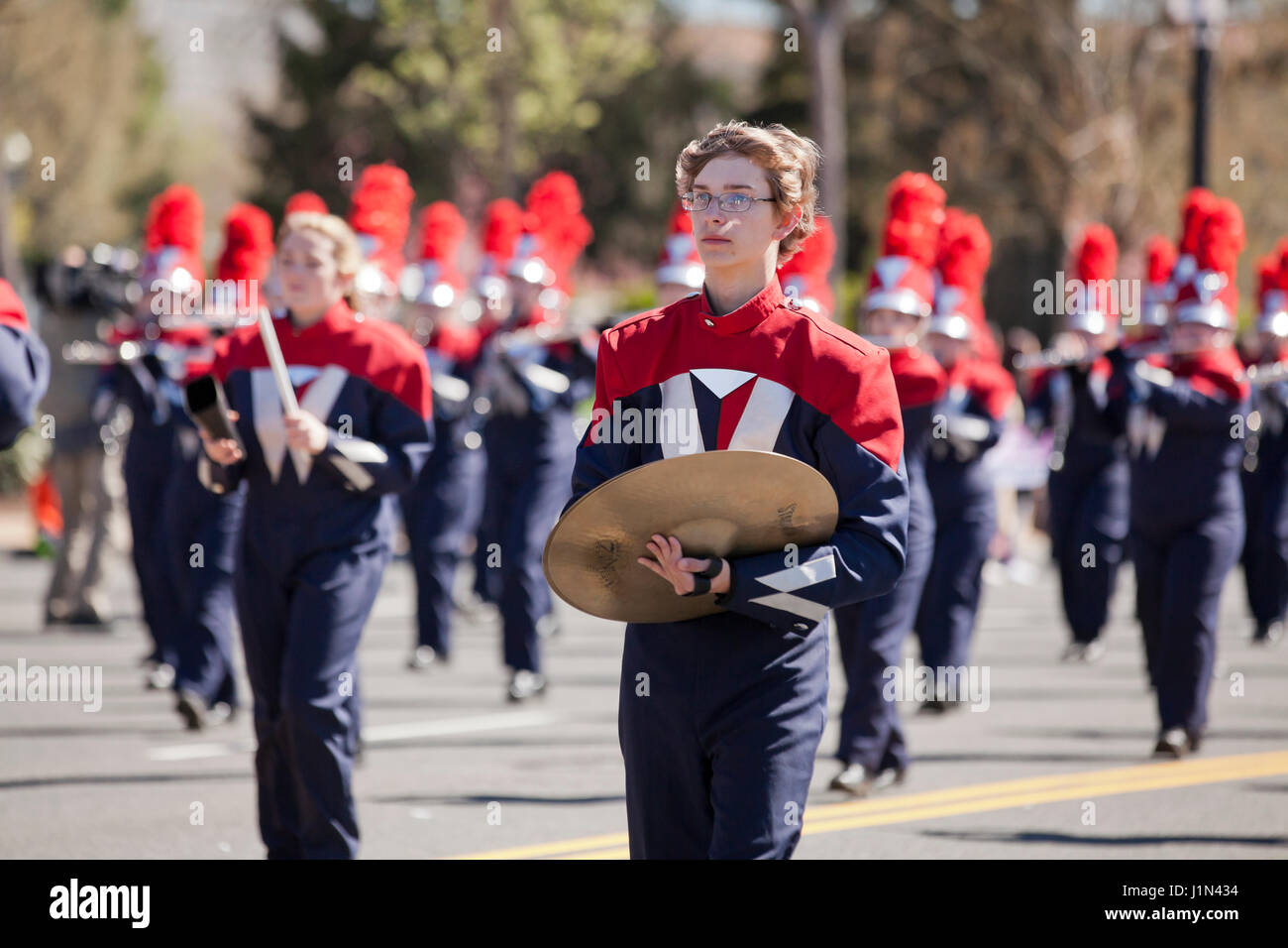 High school marching band cymbals player USA Stock Photo Alamy
