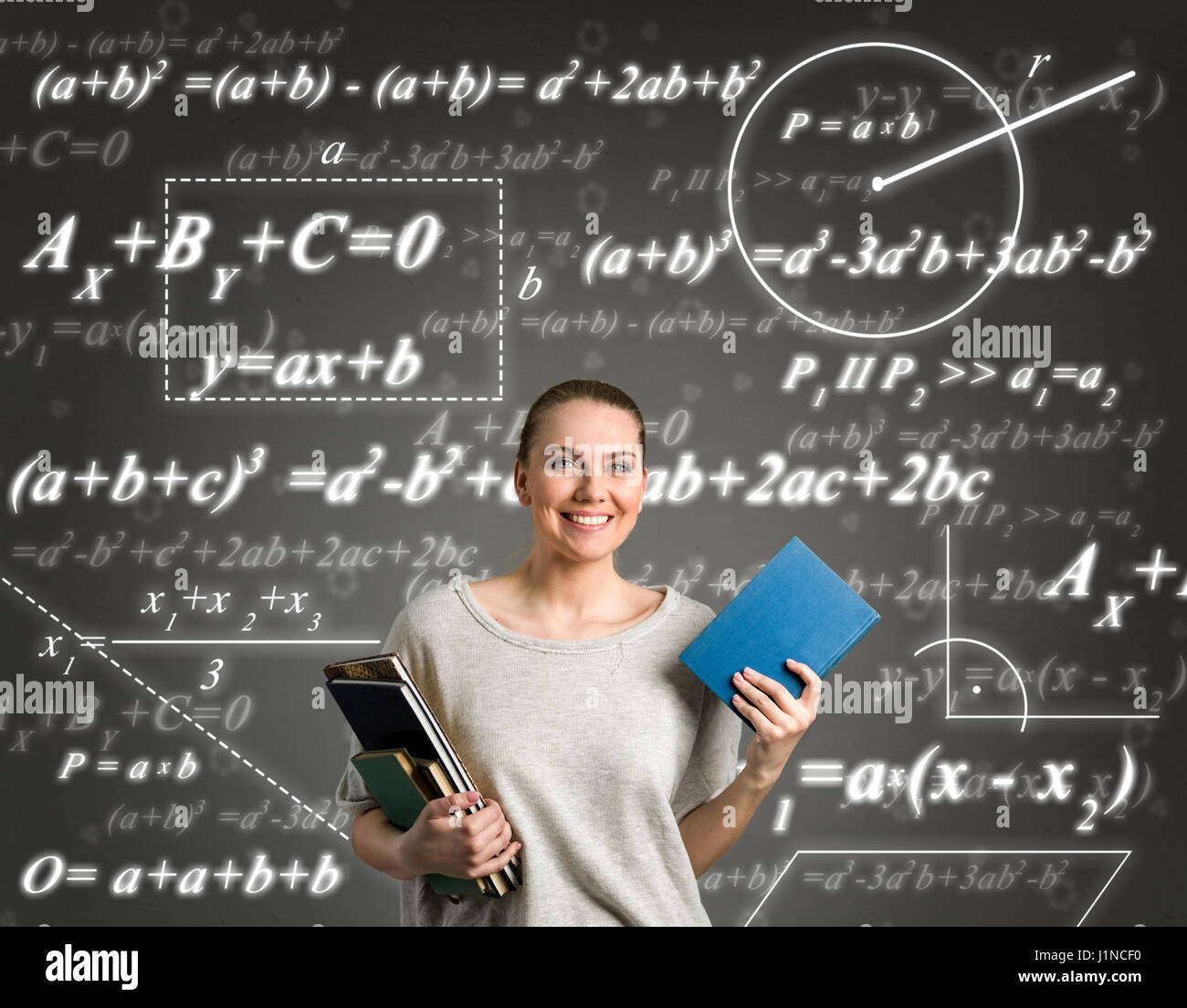Student girl over green background with formulas Stock Photo - Alamy