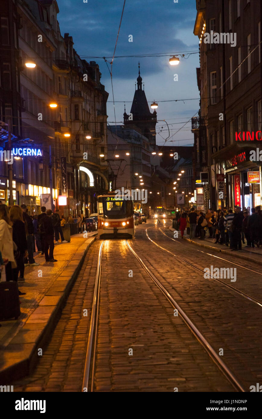 Prague by the evening light around Wenceslas Square Stock Photo