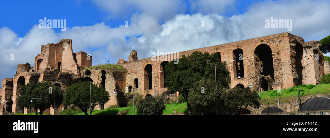 Imperial Palace ancient ruins at the top of Palatine Hill in Rome, panoramic view with beautiful clouds Stock Photo