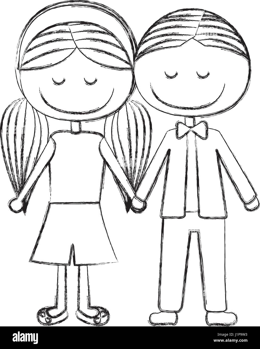 Blurred Silhouette Caricature Boy Short Hair And Girl Pigtails