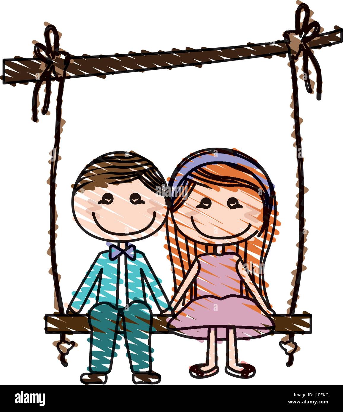 color pencil drawing of caricature couple sit in swing hanging from a branch Stock Vector