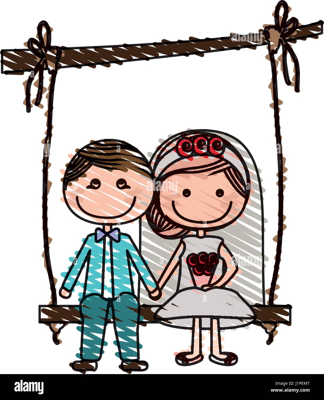 Color Pencil Drawing Of Caricature Married Man And Woman Sit In Swing Hanging From A Branch Stock Vector Image Art Alamy