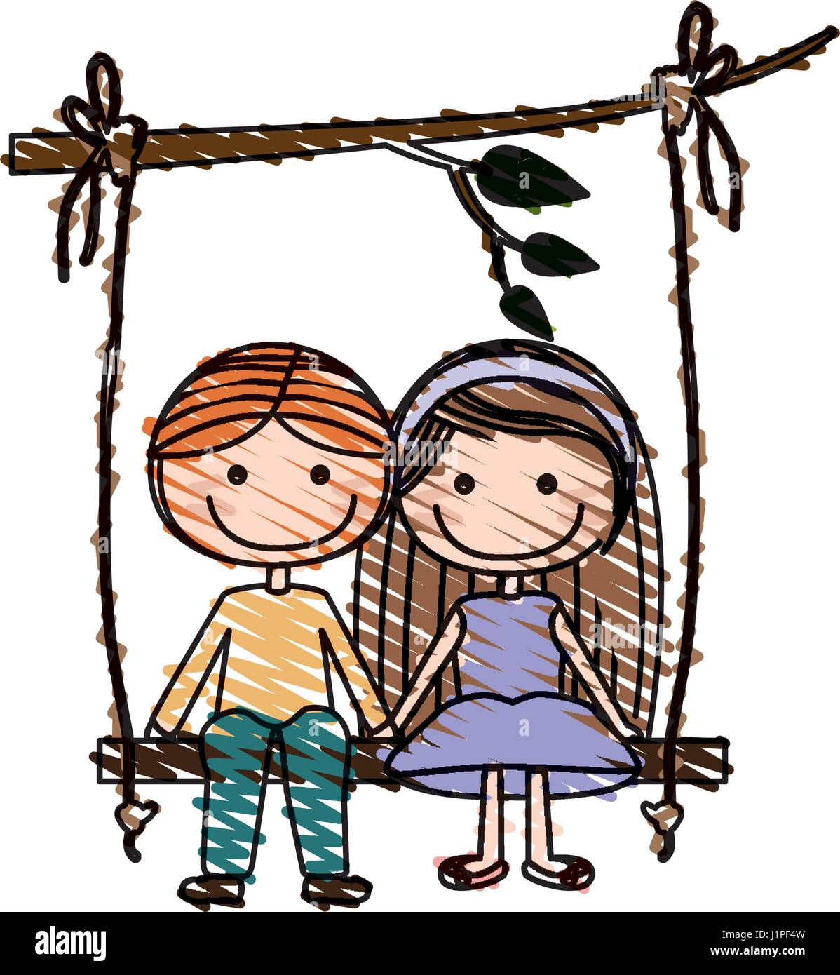 Color Pencil Drawing Of Caricature Blond Guy In Formal Suit And Girl With Brown Long Hair Sit In Swing Hanging From A Branch Stock Vector Image Art Alamy