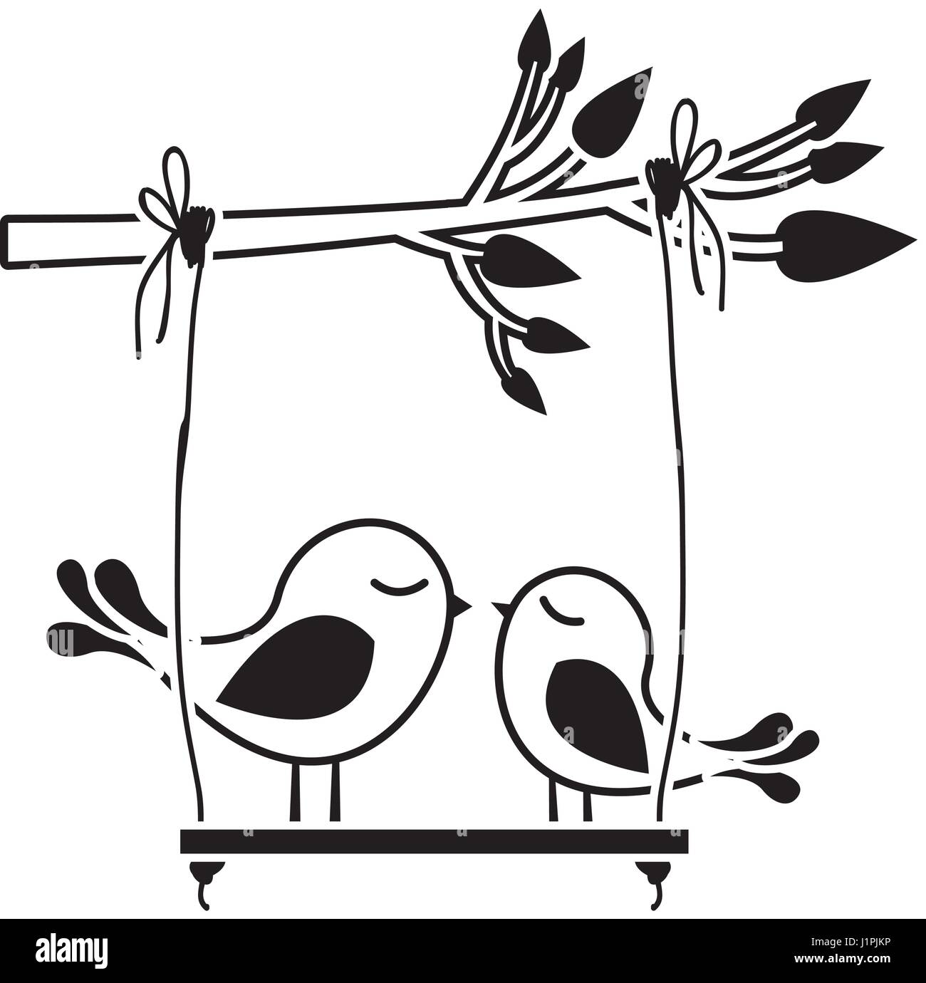 black silhouette of tree branch with swing and couple of birds Stock