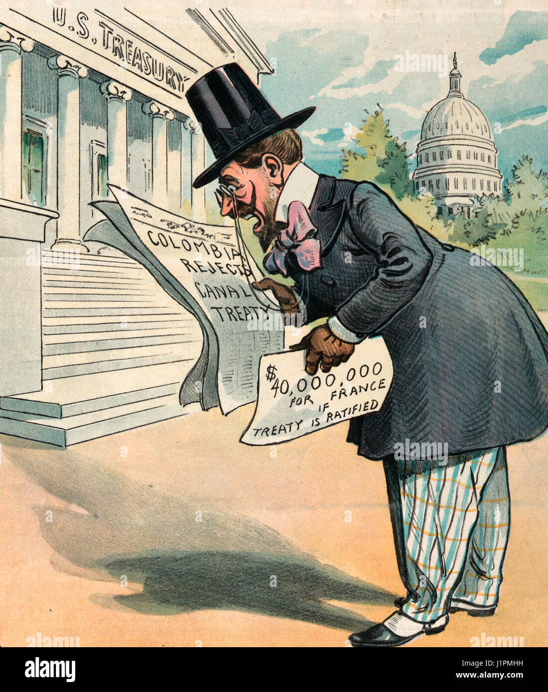 "Sacre bleu!" Illustration shows a Frenchman standing outside the U.S. Treasury building, he is holding in one hand a newspaper that states "Colombia Rejects Canal Treaty" and in the other hand a paper labeled "40,000,000 for France if Treaty is Ratified". It appears that he was about to cash-in a promissory note for $40 million, only to discover at the last moment that it is worthless. Political Cartoon, 1903 Stock Photo