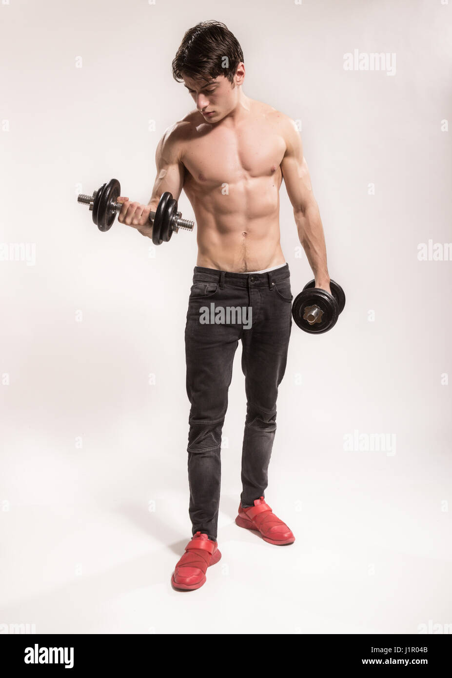 Young Adult Man Strong Muscular Bodybuilder Posing Dumbbells Images, Photos, Reviews