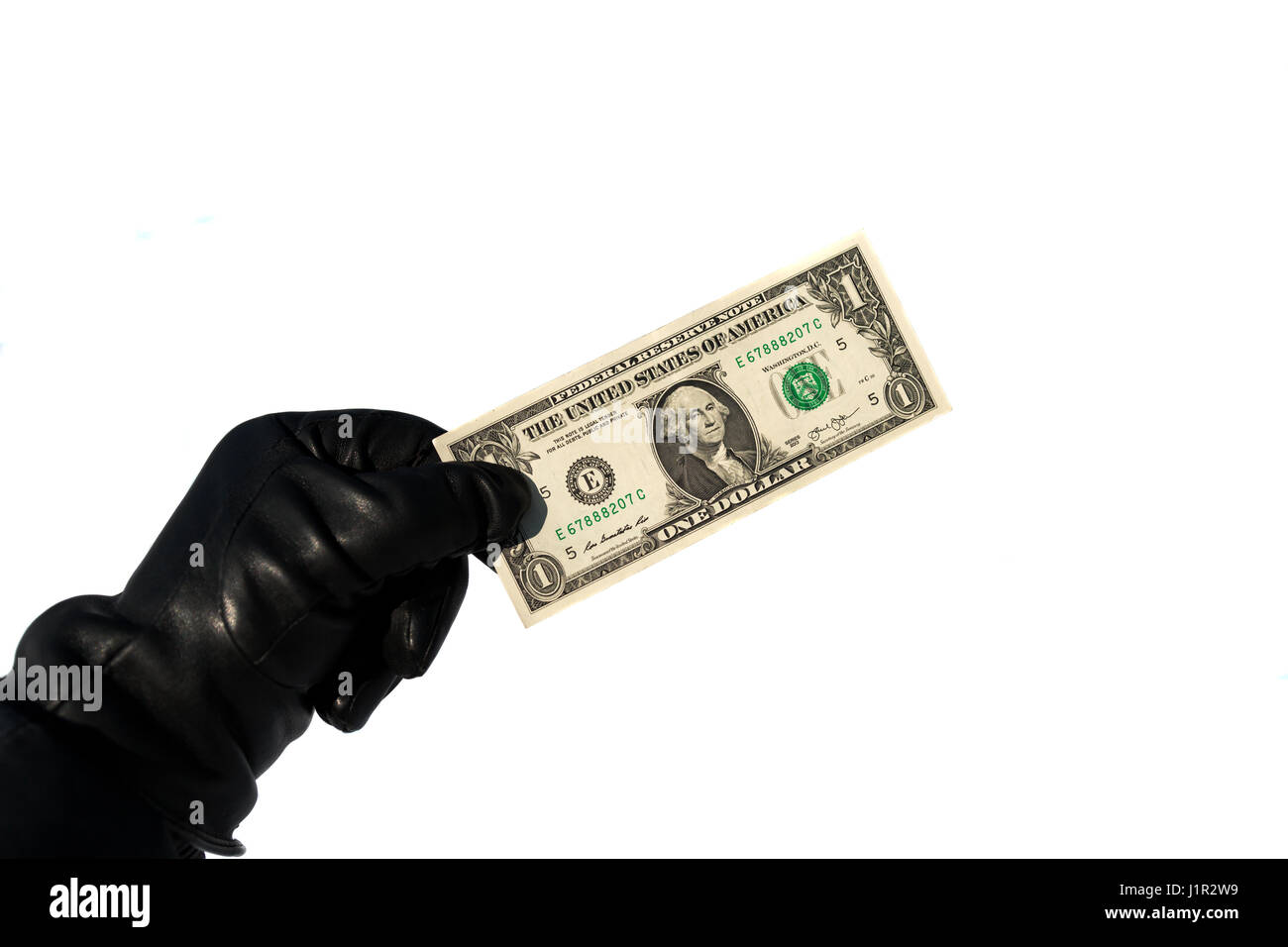 man holding a black-gloved one dollar isolated on white background Stock Photo