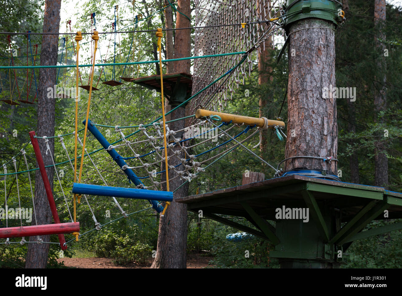 obstacle course in the trees in the park Stock Photo