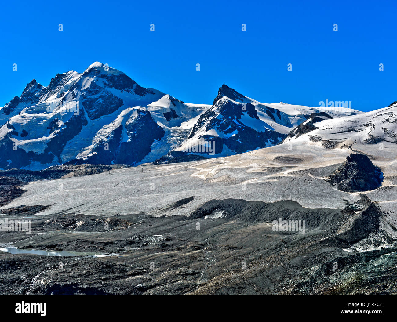 Breithorn and Klein Matterhorn summits, Theodul glacier, Zermatt, Canton of Valais, Switzerland Stock Photo