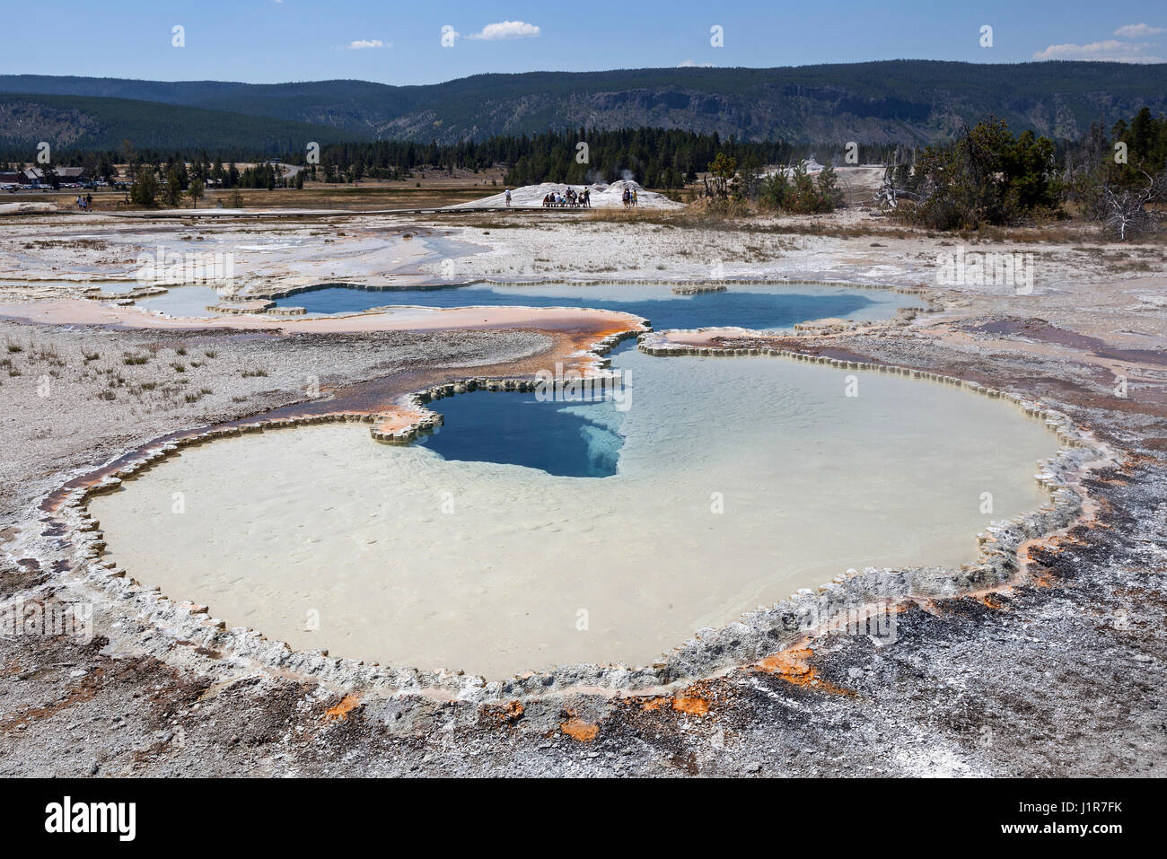 Doublet pool with mineral deposits, Upper Geyser Basin, Yellowstone National Park, Wyoming, USA Stock Photo