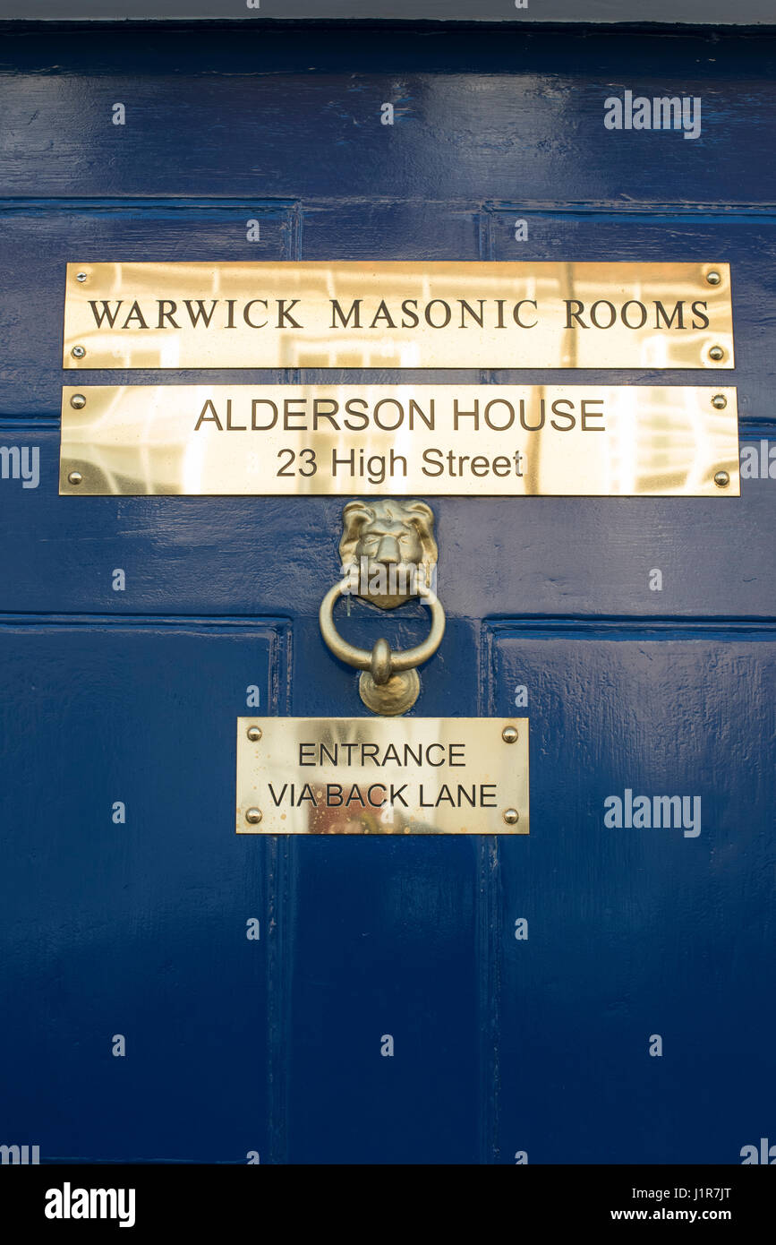 Warwick Masonic Rooms front door with brass plaques. Warwick, Warwickshire, England Stock Photo