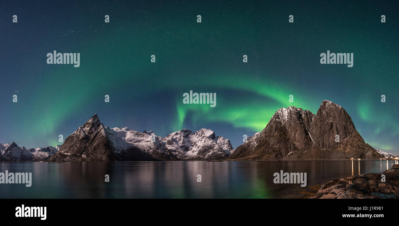 Northern Lights Or Aurora Borealis Over Bergen Hamnoy Hamnoy Reine Moskenesoy Lofoten Norway Stock Photo Alamy