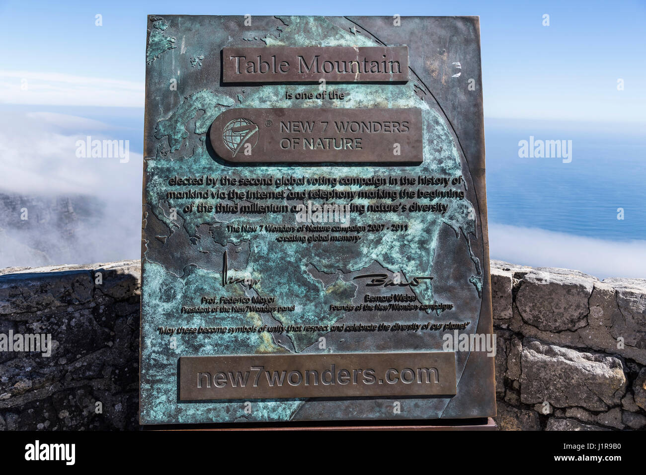 Information board, sign new 7 wonders, 7 Wonders of nature, Table Mountain, Cape Town, Western Cape, South Africa Stock Photo