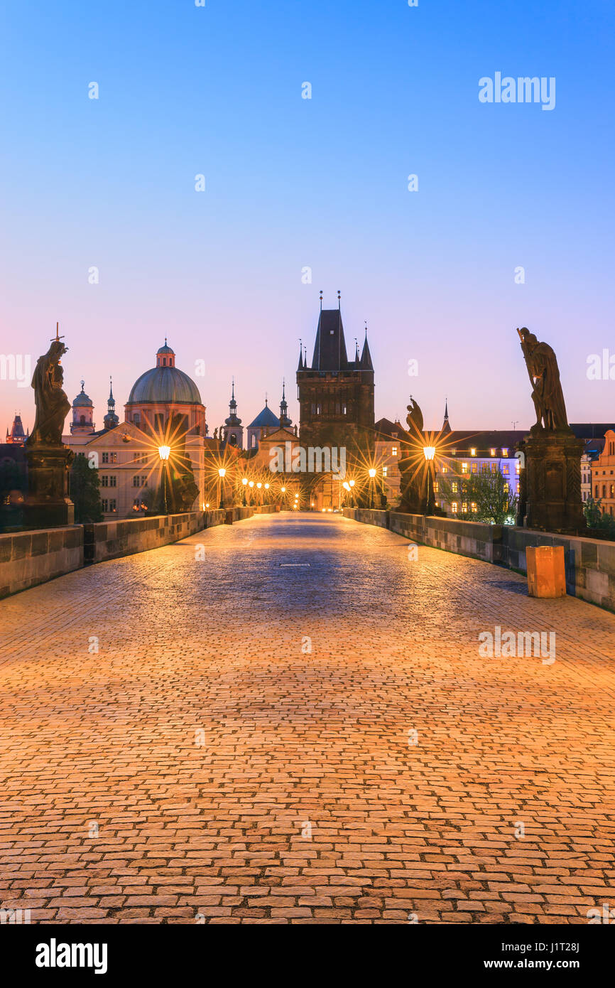 The famous Charles Bridge at sunrise in Prague in the Czech Republic Stock Photo