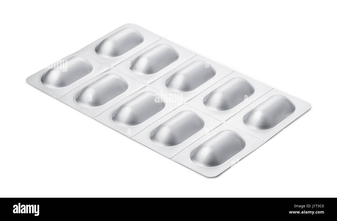Pills in aluminum blister pack isolated on white Stock Photo