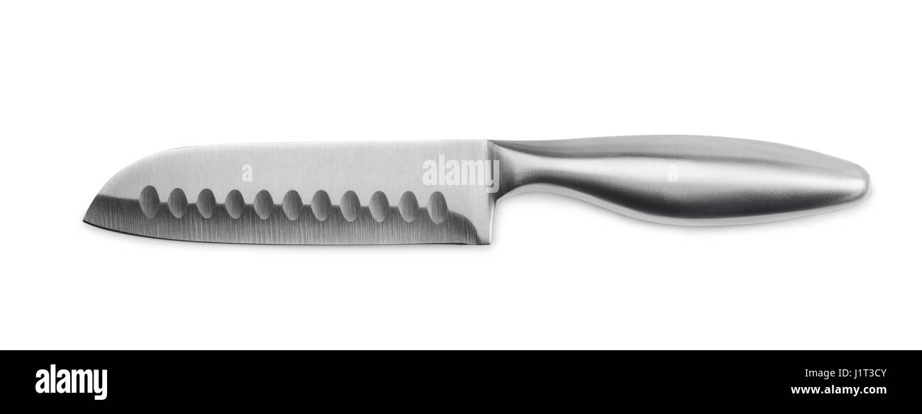 Stainless steel santoku knife isolated on white Stock Photo