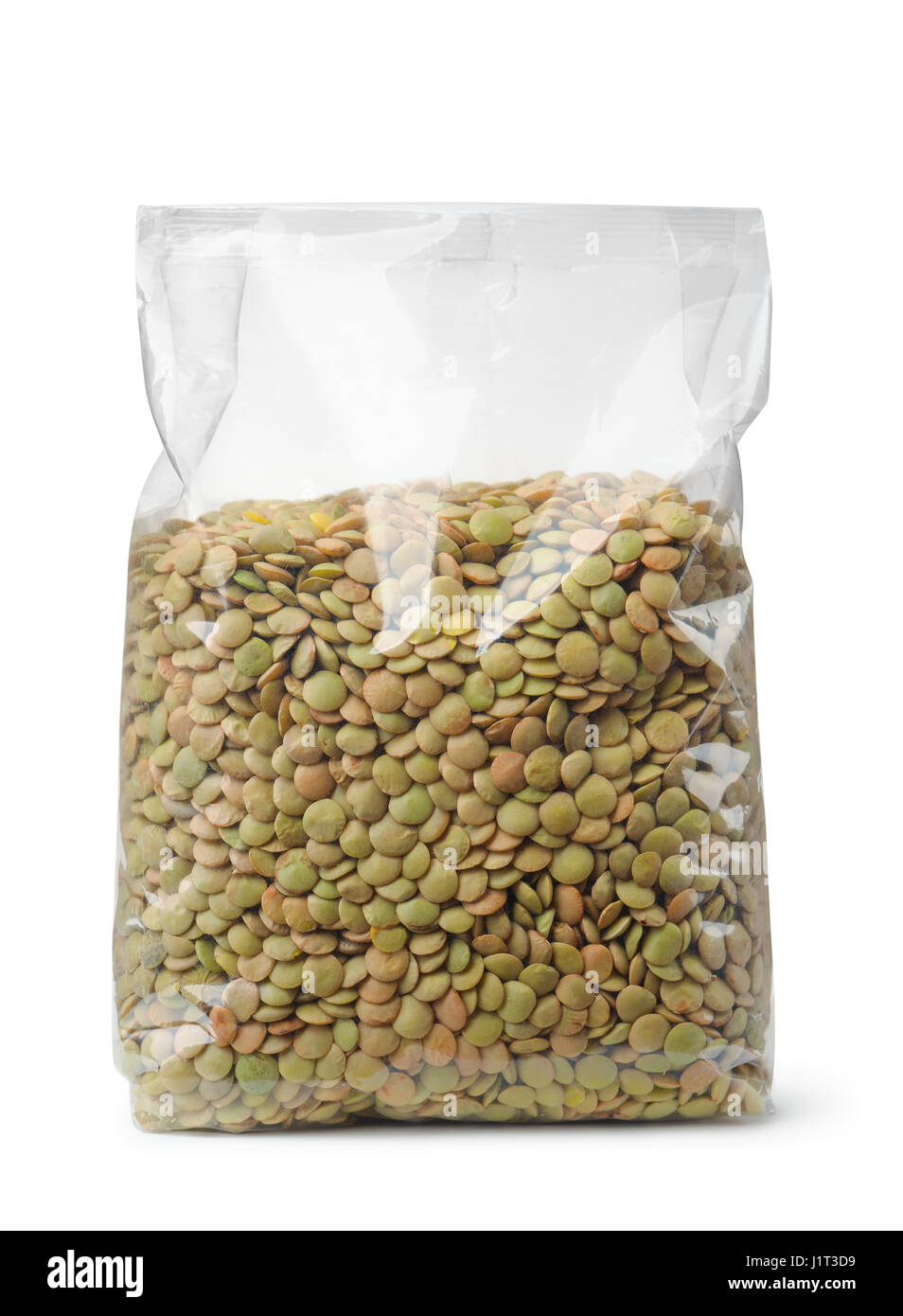 Plastic packet of dried lentil isolated on white Stock Photo