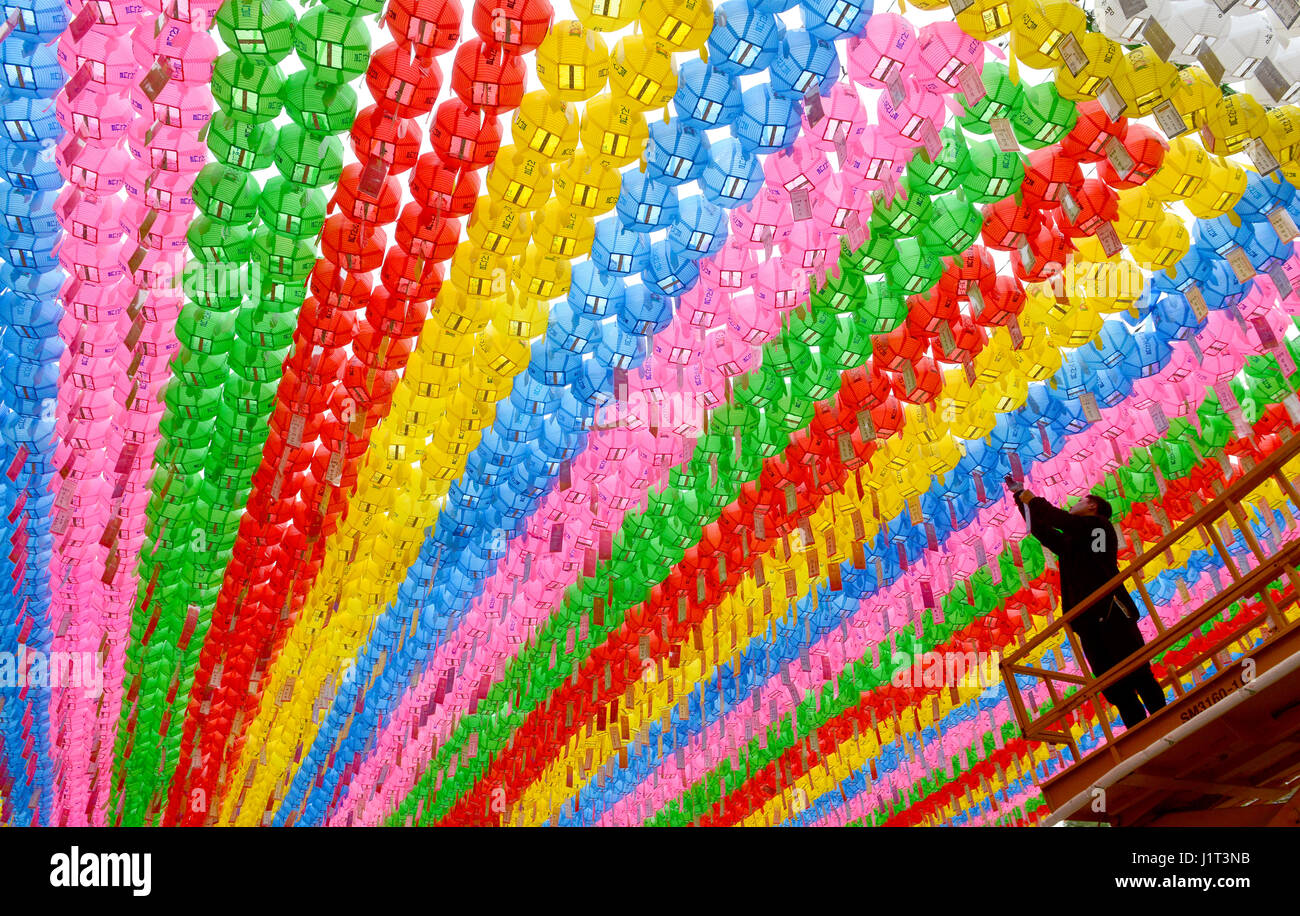 SEOUL, SOUTH KOREA - March 23, 2017: Colorful paper lanterns at Jogyesa Temple, Seoul. Lanterns are set for the Lotus Lantern Festival celebrating Bud Stock Photo