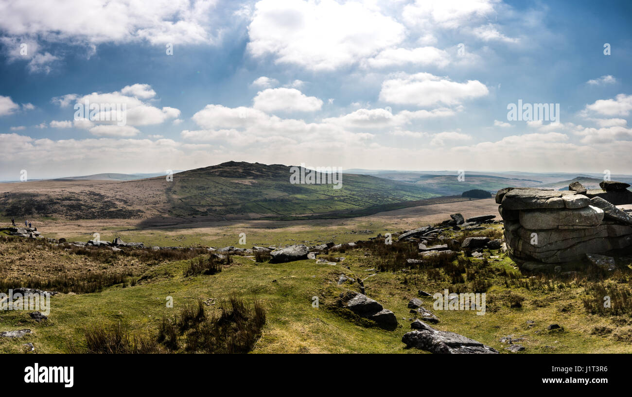 Rough Tor in Camelford looking inland from the top towards the hills in the distance Stock Photo