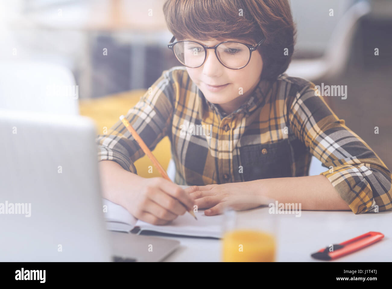 Enthusiastic boy writing down notes Stock Photo