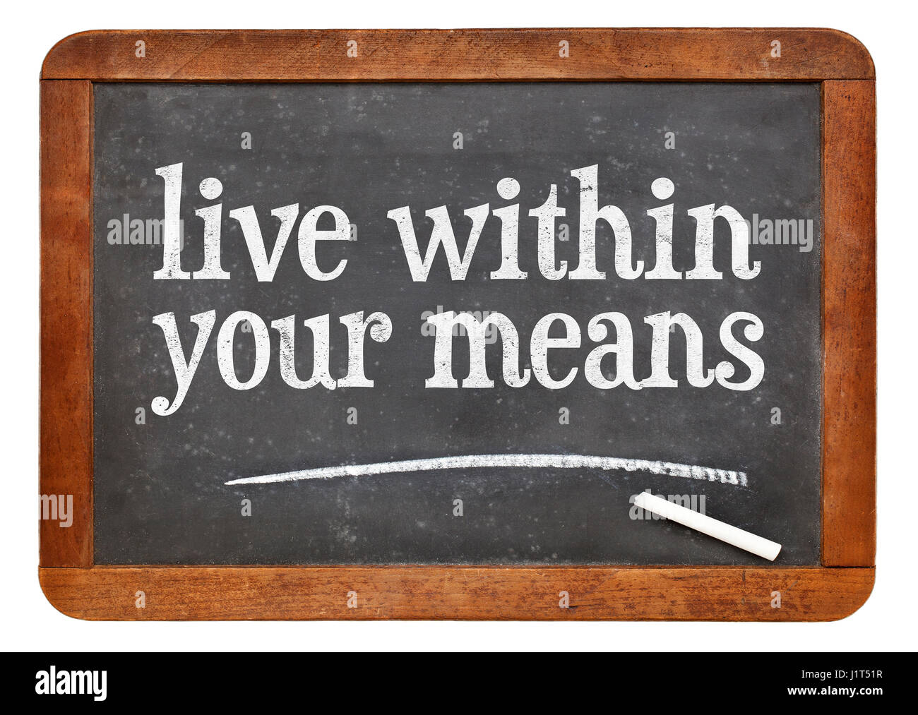 Live within your means white chalk text on a vintage slate blackboard