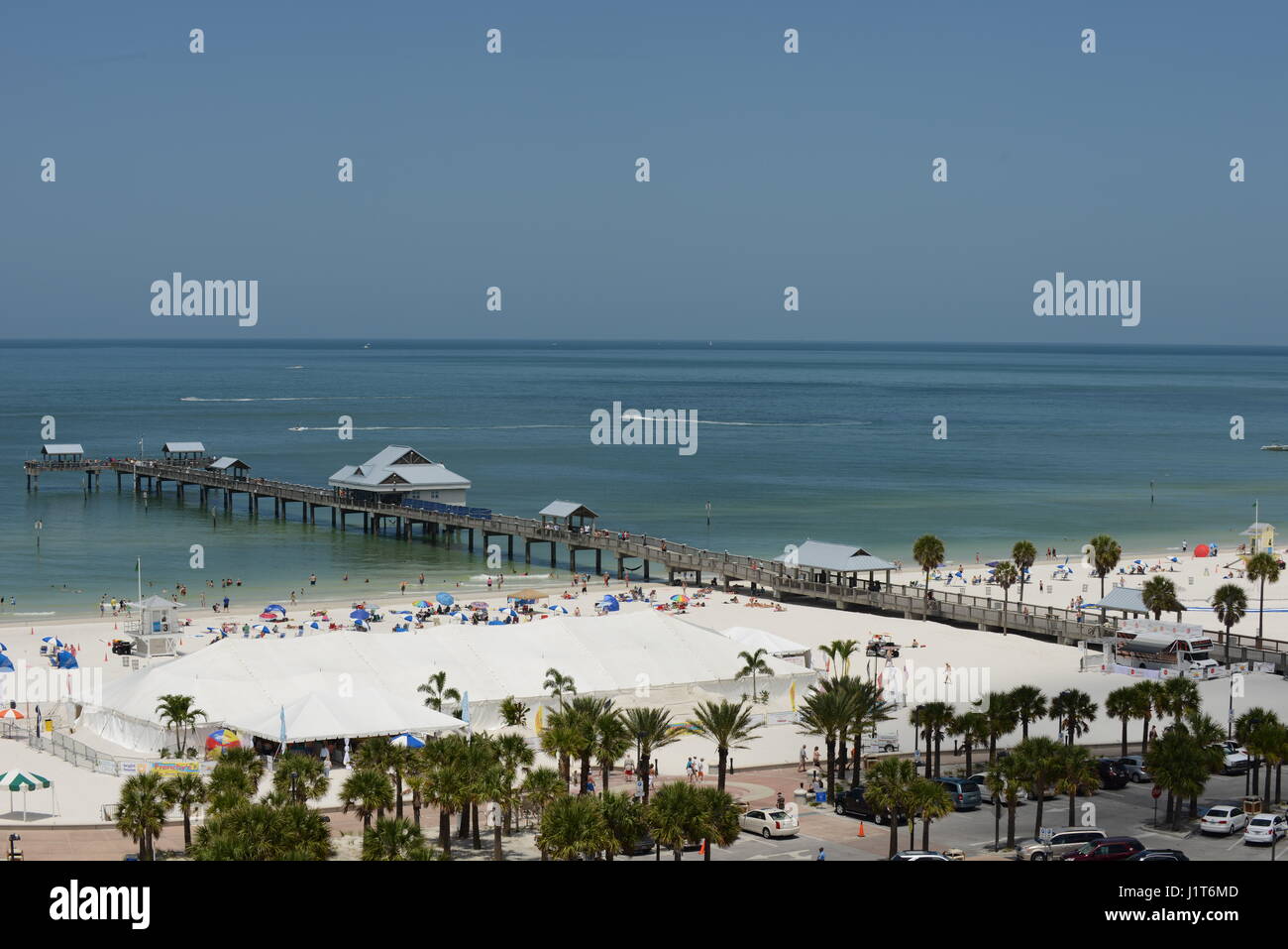 Clearwater Beach Florida pier ocean sandy beach high angle Stock Photo