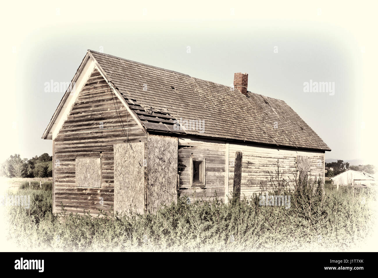 old abandoned farm house, boarded and overgrown by weeds, near Fort Collins, Colorado, retro hand tinted opalotype toning Stock Photo