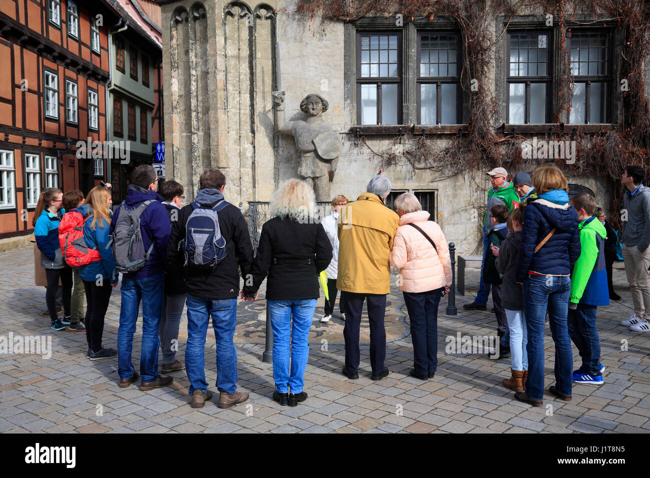 Guided tour in front of town hall and Roland monument, Quedlinburg, Saxony-Anhalt, Germany, Europe Stock Photo