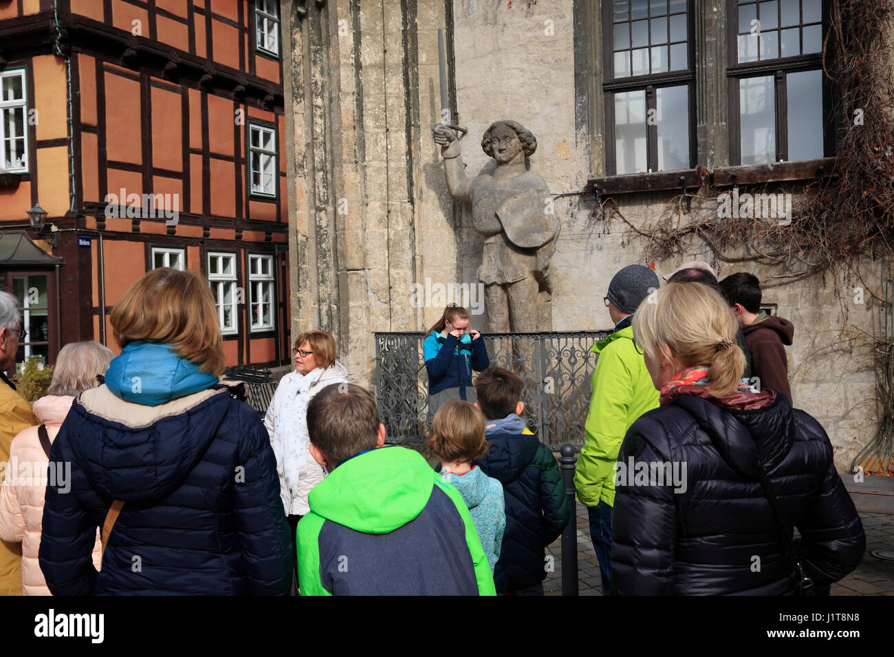 Guided tour in front of town hall and Roland monument, Quedlinburg, Saxony-Anhalt, Germany, Europe Stock Photo