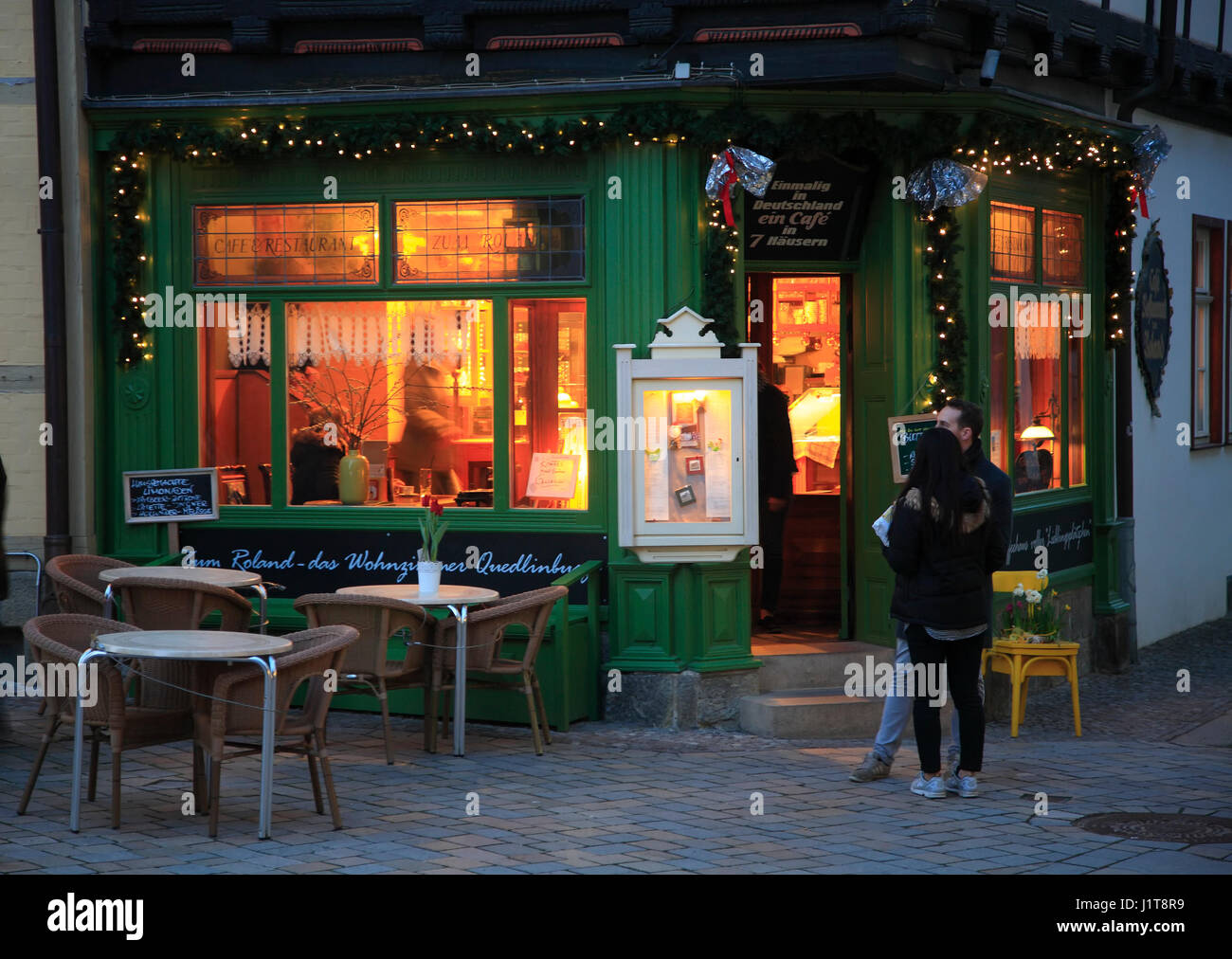 7-houses Cafe ZUM ROLAND, Quedlinburg, Saxony-Anhalt, Germany, Europe Stock Photo