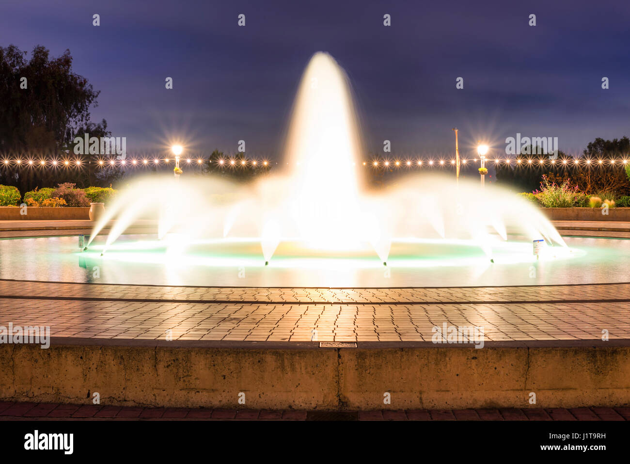 Bea Evenson Fountain photographed at night. Balboa Park, San Diego
