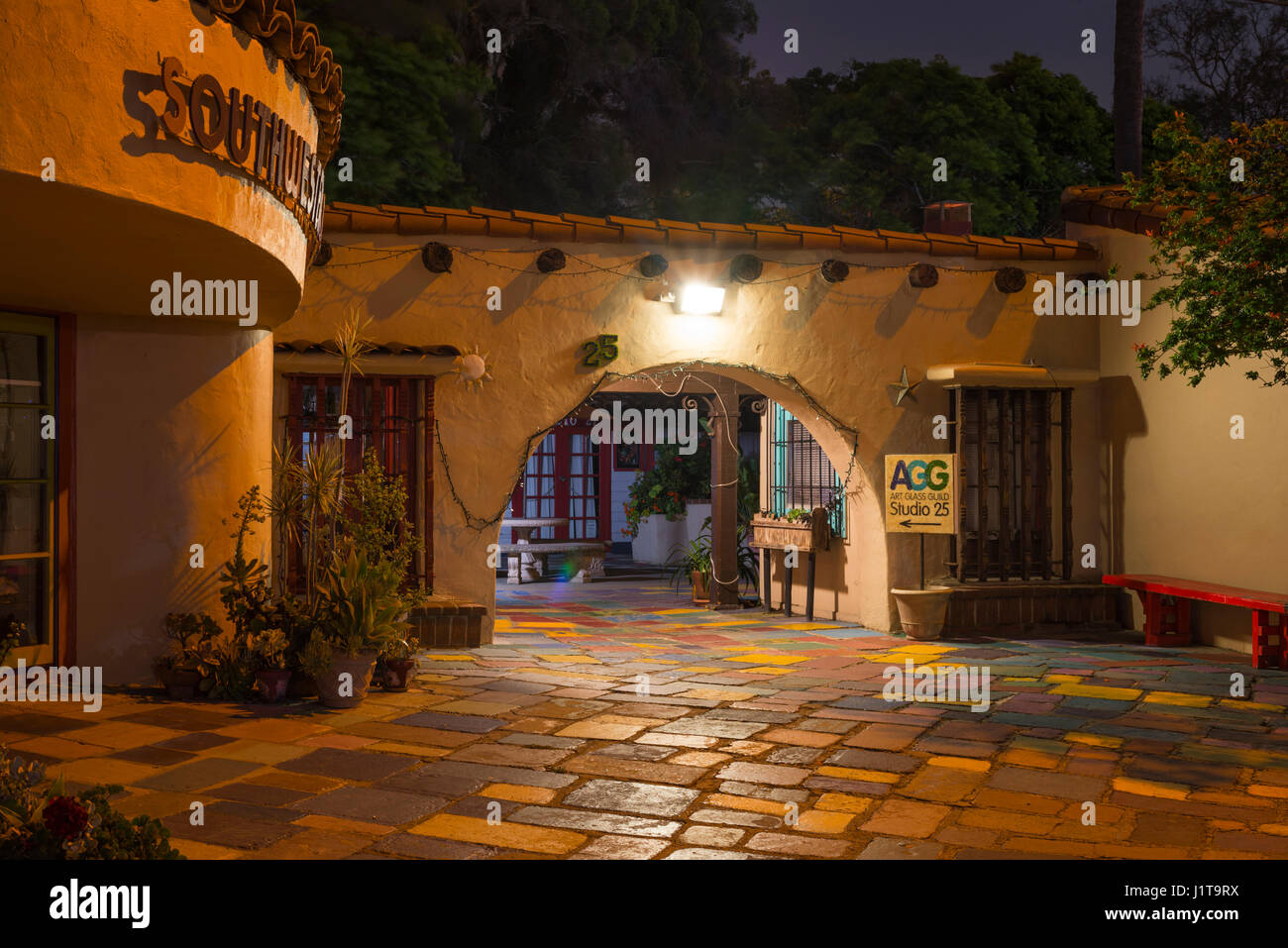 Spanish Village Art Center photographed at night. Balboa Park, San Diego, California, USA. Stock Photo