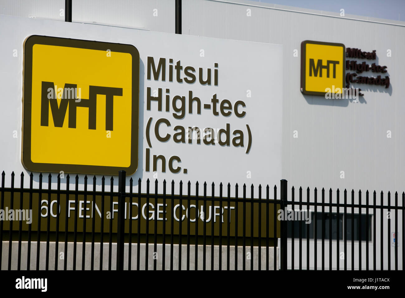 A logo sign outside of a facility occupied by Mitsui High-tec, Inc., in Brantford, Ontario, Canada, on April 15, 2017. Stock Photo