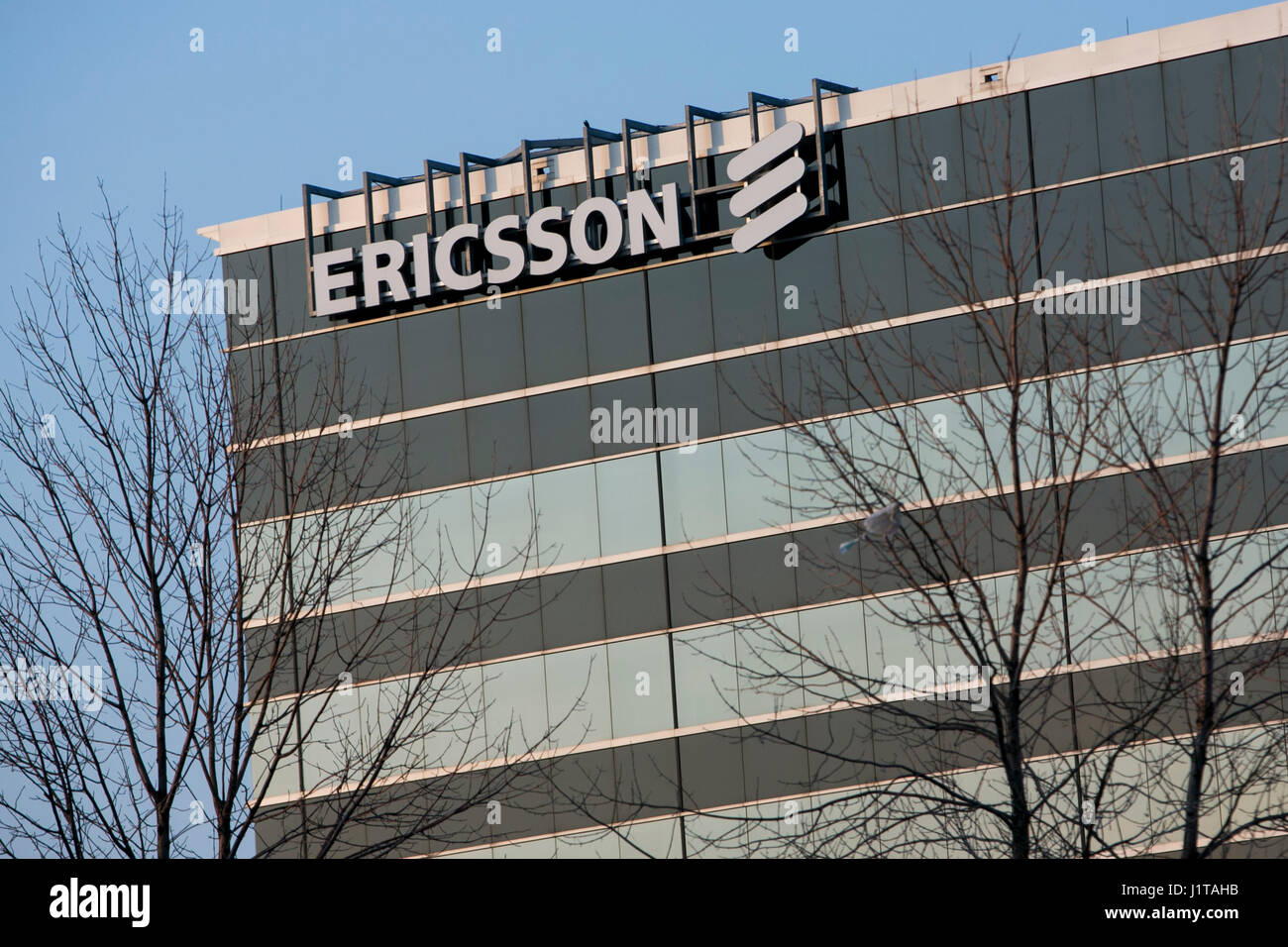 A logo sign outside of a facility occupied Ericsson in Mississauga
