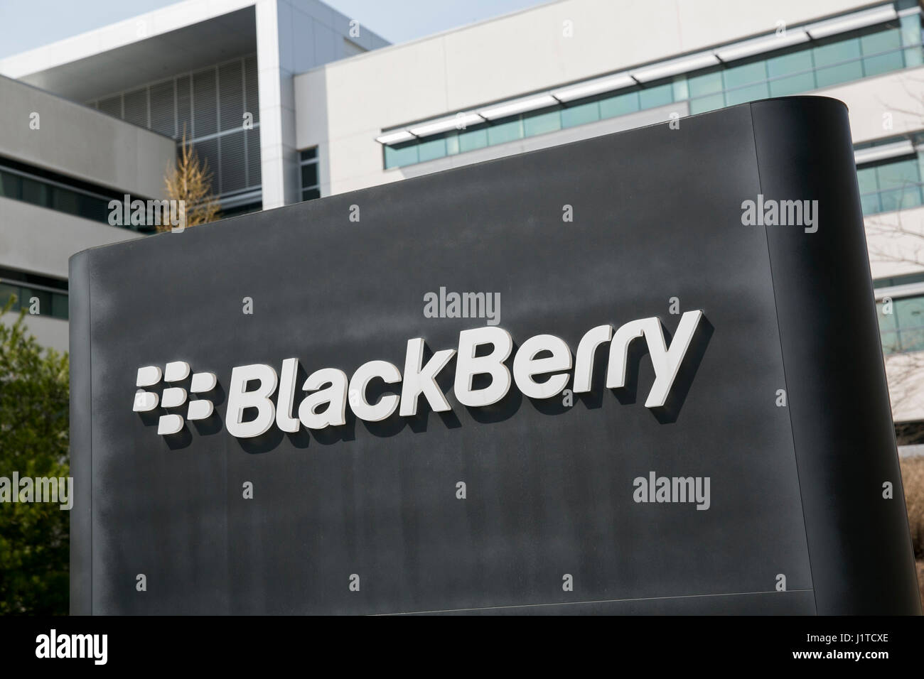 A logo sign outside of the headquarters of BlackBerry Limited, in Waterloo, Ontario, Canada, on April 15, 2017. Stock Photo