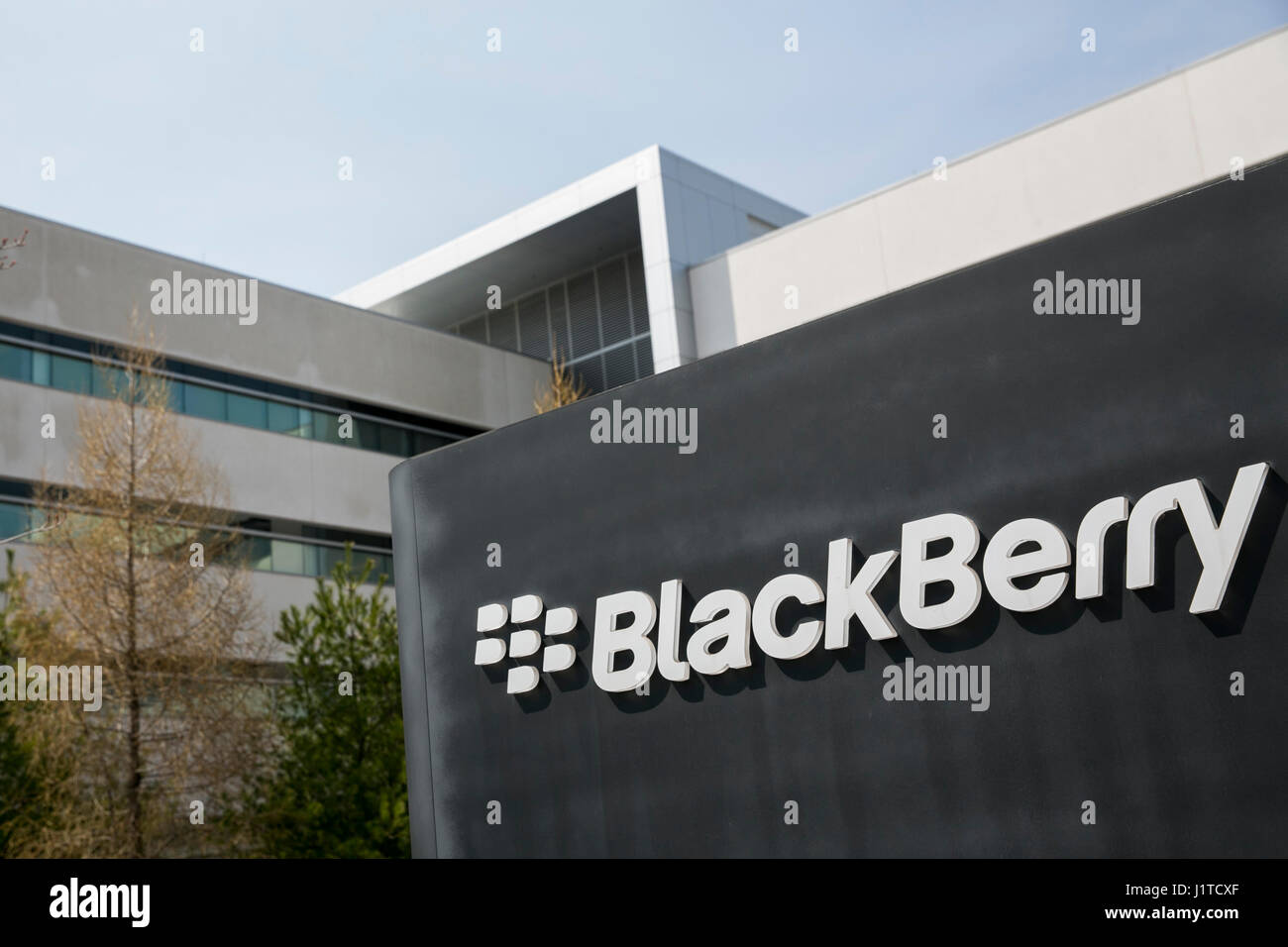 A logo sign outside of the headquarters of BlackBerry Limited, in