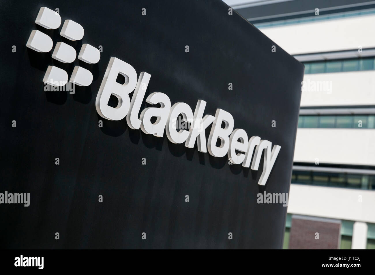 A logo sign outside of the headquarters of BlackBerry Limited, in Waterloo, Ontario, Canada, on April 15, 2017. Stock Photo