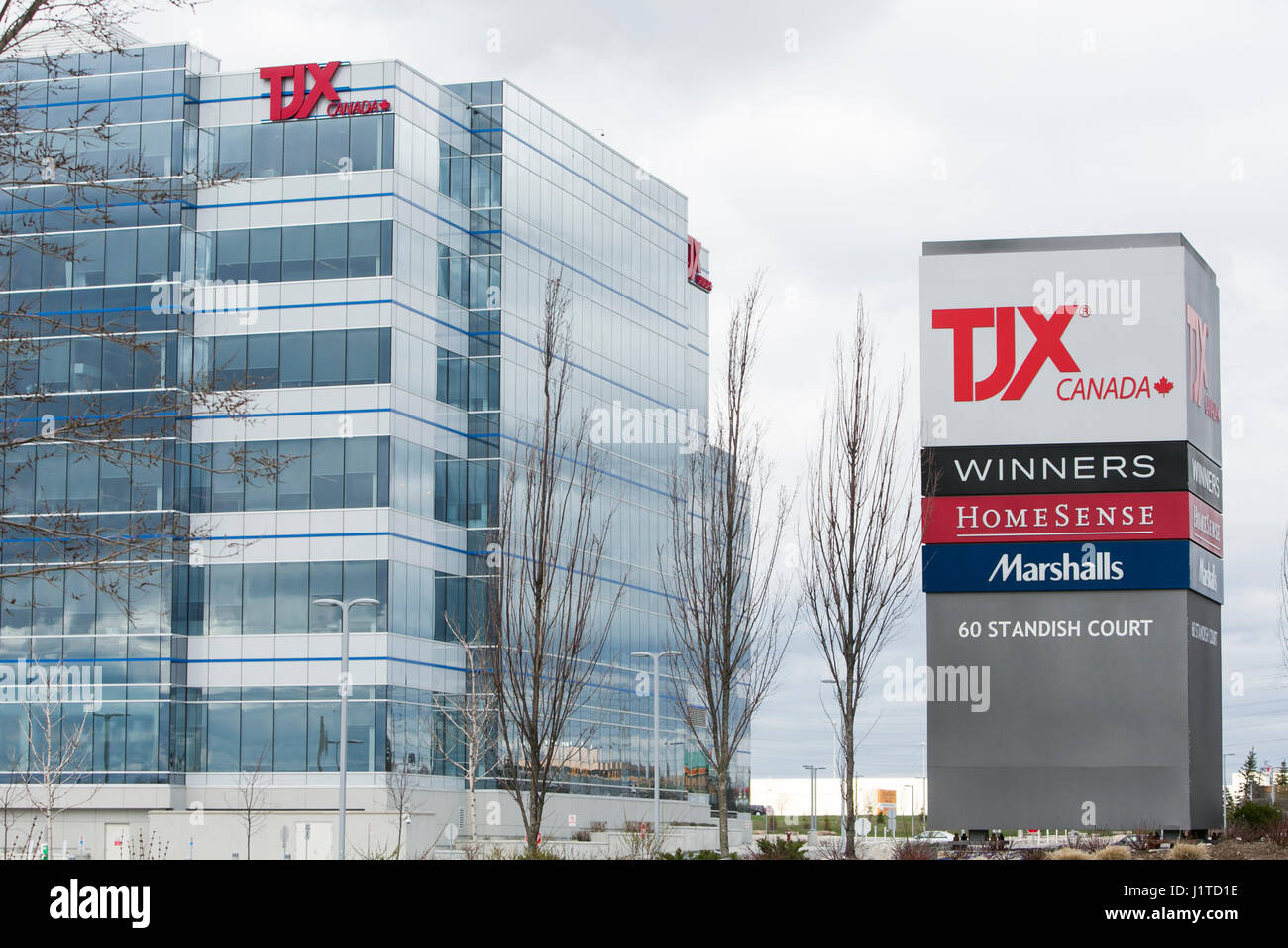 A logo sign outside of the Canadian headquarters of the TJX Companies in Mississauga, Ontario