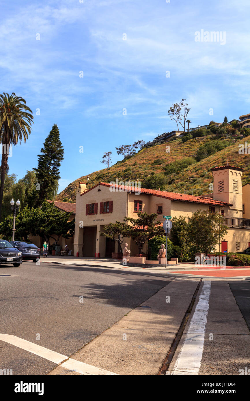 Laguna Beach, California, April 22, 2017: Laguna Beach fire station one next to town hall, with the hillside homes behind it in the center of town. Ed Stock Photo